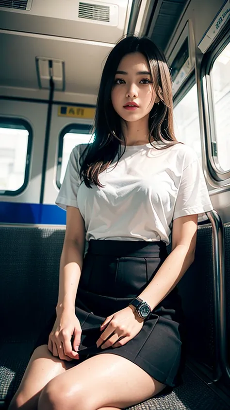 "(masterpiece, High resolution, Ultra High resolution, 4K) Black Hair, 14 year old Japanese girl, Uniform skirt, Accentuate your thighs, White thighs, Soft thighs, Glossy thighs, Sitting on a train, Facing angle, (Angle from below),sitting in a train seat,...