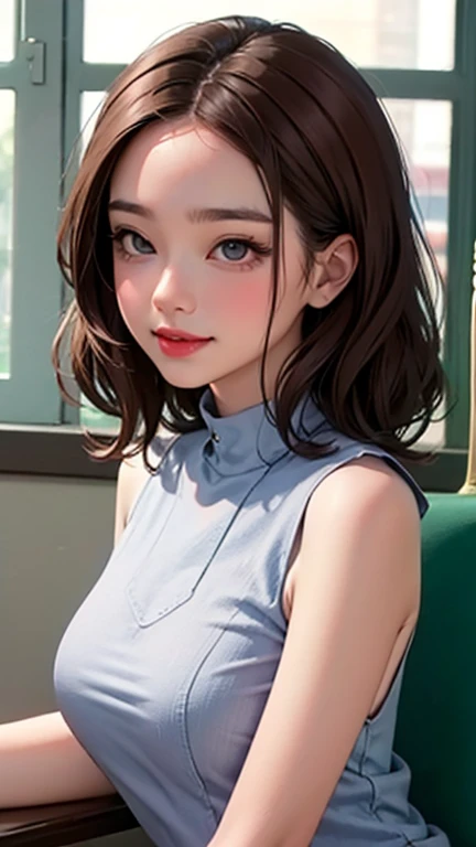 blush a little and smile, (Top quality masterpiece:1.2) Delicate illustrations, Very detailed, /Beautiful Japanese Women、1 person,Very cute and slim、Great style 、((8K images、super high quality))、Very delicate face, Skin and Hair、beautifule forehead、Red lip...