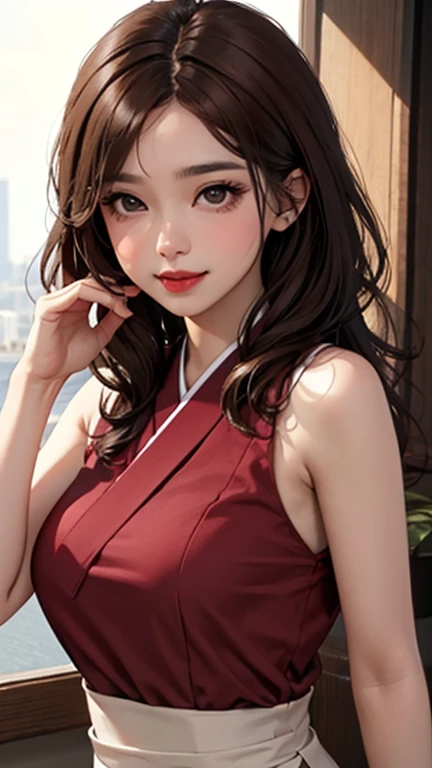 blush a little and smile, (Top quality masterpiece:1.2) Delicate illustrations, Very detailed, /Beautiful Japanese Women、1 person,Very cute and slim、Great style 、((8K images、super high quality))、Very delicate face, Skin and Hair、beautifule forehead、Red lip...