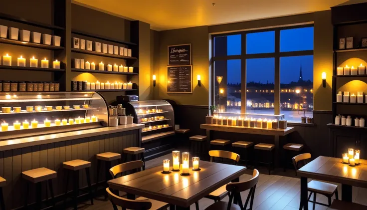 a cozy night time interior of a coffee shop with candles, sweets in the shelves and coffee cups in the tables, there are also windows in which you can the the nightlife outside