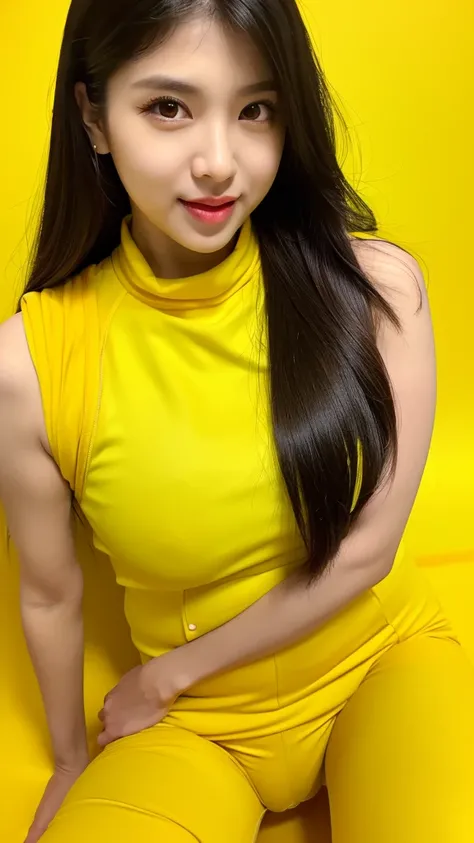 yellow background,((sunflower)),(detailed face),((crotch)),normal breasts,pretty,sleeveless and turtle neck yellow clothes,4k ,super high resolution ,(photo-realistic: 1.7),black long hair,