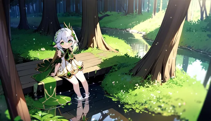 masterpiece,Highest quality,in the forest,alone,One girl,Light particles,Wide Shot,
Nahida,Look Up, Arm support, reflection,Green Eyes,Waterfront,