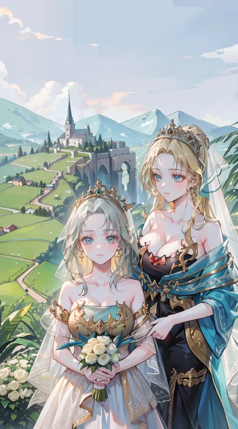 beautiful woman，Folk Girl，blonde with blue eyes，Twist，Wear a strapless wedding dress with no straps.，countryside，countryside，beautiful scenery，European Middle Ages，smile with teeth，forehead，forehead exposed，big tits，rift, (2 young women ,beautiful woman)