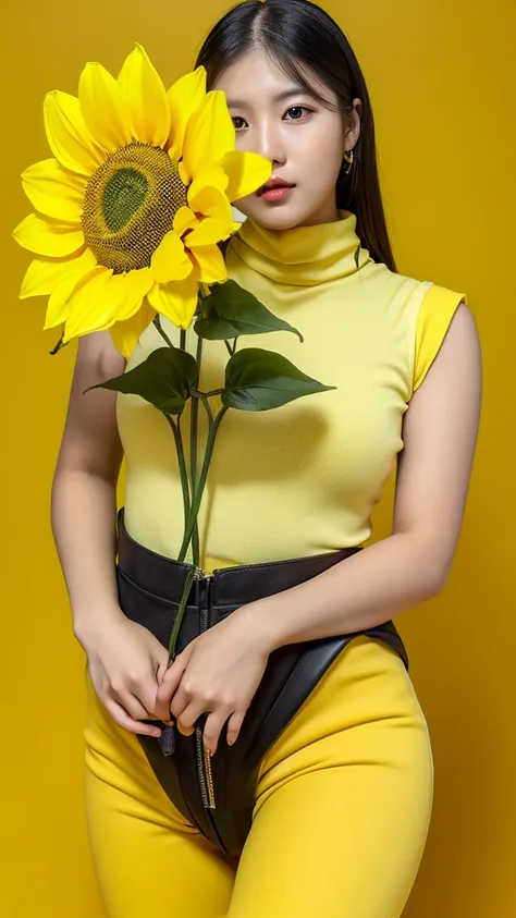 yellow background,((sunflower)),(detailed face),((crotch)),normal breasts,pretty,sleeveless and turtle neck yellow clothes,4k ,super high resolution ,(photo-realistic: 1.7),black long hair,