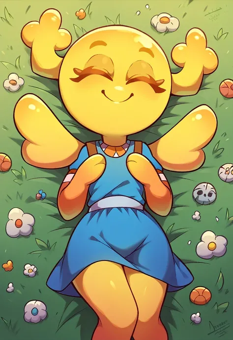 Penny Fitzgerald, penny_unshelled, yellow skin, yellow wings, cute smile, closed eyes, cute blue dress, lying down on grass