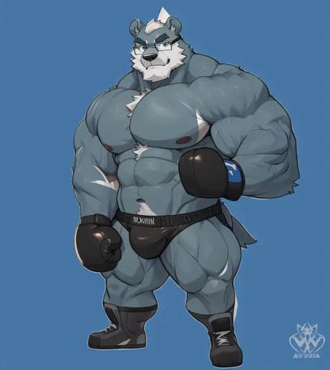 solo, 1boy, Huge Muscular White Polar Bear wearing glasses, huge white fur, pectoral, huge pectoral, wide pectoral, short white hair, blue colored boxing kickboxing shorts, blue colored kickboxing gloves and shirtless and topless, white bearded, white Must...