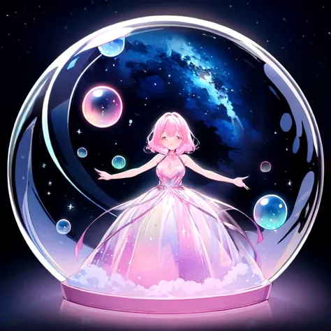 Highest quality, masterpiece, Ultra-high resolution, Beautiful Face, Flat Design, Wide Shot, Engage your audience,Lots of soap bubbles、Bubble Splash Art、Girl in a big transparent bubble、Complex background, Bubble background, woman inside of the bable weari...