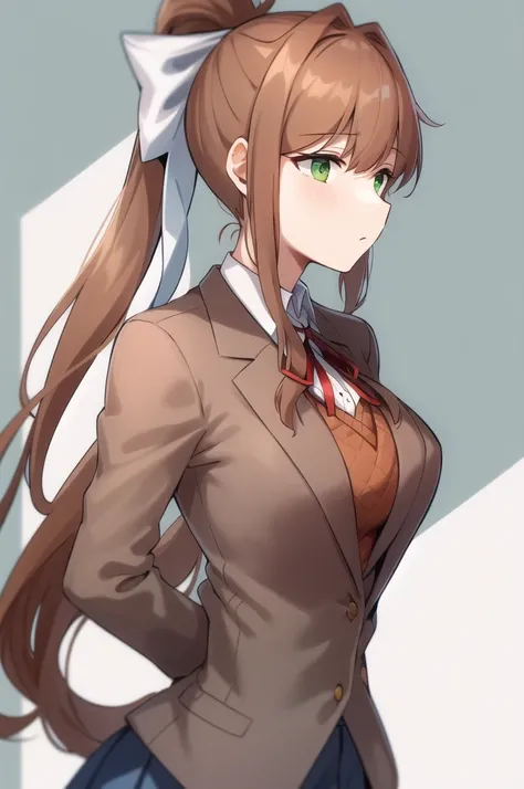 monika, green eyes, brown hair, very long hair, ponytail, hair ribbon, white ribbon , blazer, brown sweater, collared shirt, neck ribbon, blue skirt, Slice-Of-Life Sensual