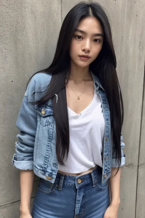 Thai Woman, look at viewer, long hair, shirt, jeans, clou