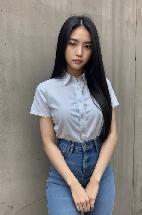 Thai Woman, look at viewer, long hair, shirt, jeans, clou