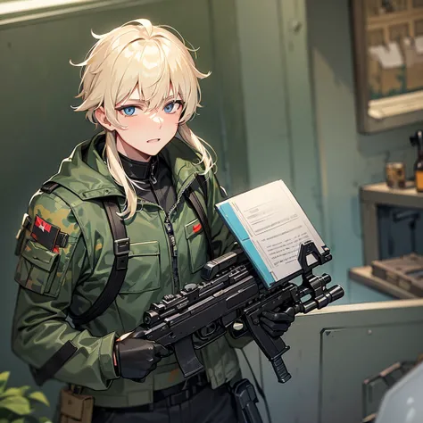 German man with short blonde curlyhair and light blue eyes wearing flecktarn camo tactical gear and holding a mg42