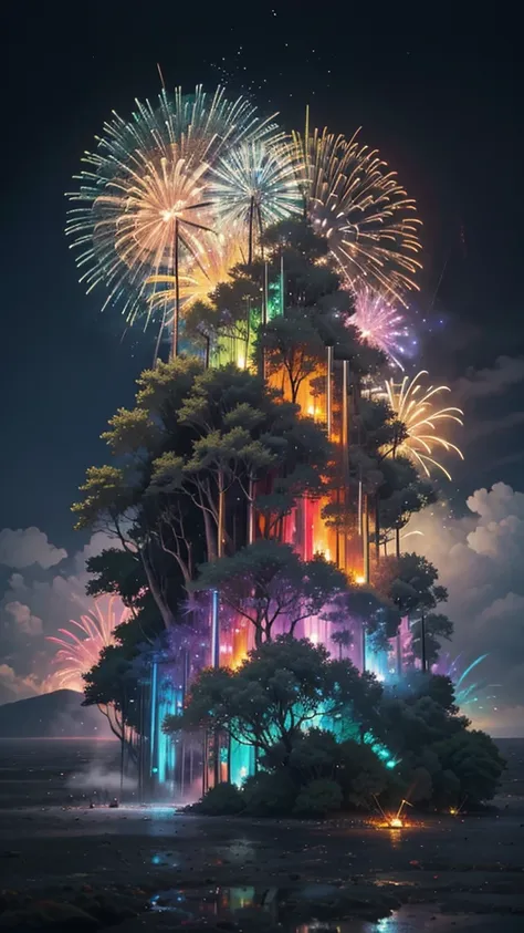 fantastic scenery、firework、firework大会、rainbow colorsのfireworkが打ちあがっている瞬間、with the night sky、壮大なfirework、future都市、highest quality...