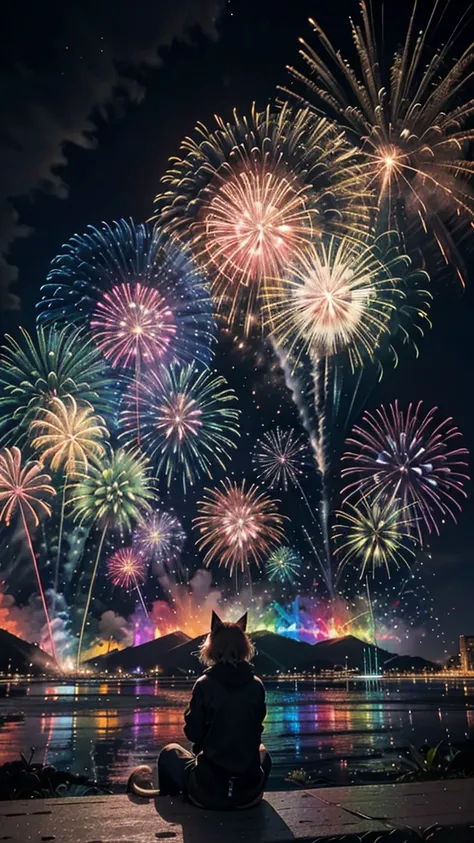 Fantastic scenery、firework、firework大会、Rainbow colorsのfireworkが打ちあがっている瞬間、With the night sky、壮大なfirework、future都市、Highest quality、masterpiece, (Diffuse reflection of light:1.2), When the fantastic rainbow turns into shadow, bathed in a mystical atmosphere.T...