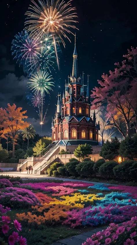 fantastic scenery、firework、firework大会、rainbow colorsのfireworkが打ちあがっている瞬間、with the night sky、壮大なfirework、future都市、highest quality...