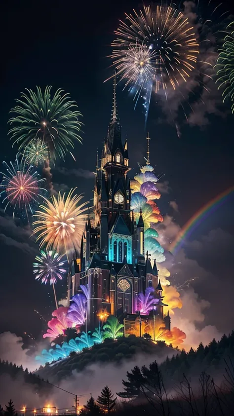 Fantastic scenery、firework、firework大会、Rainbow colorsのfireworkが打ちあがっている瞬間、With the night sky、壮大なfirework、future都市、Highest quality、masterpiece, (Diffuse reflection of light:1.2), When the fantastic rainbow turns into shadow, bathed in a mystical atmosphere.T...