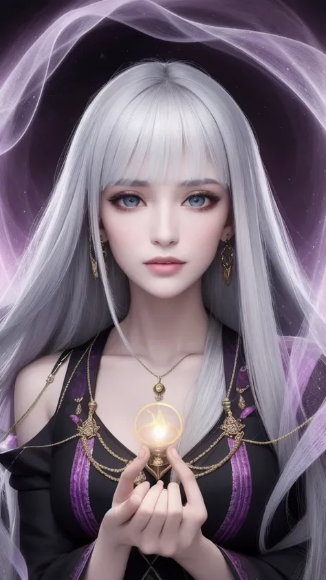 (masterpiece, top quality, 1 female, solo, exquisite details, chromatic aberration), (realistic), (skin), ((breathing)), (silver hair, blunt bangs, short straight long hair, short bangs, silver hair), beautiful hair, red headdress, blue highlights, hair ov...