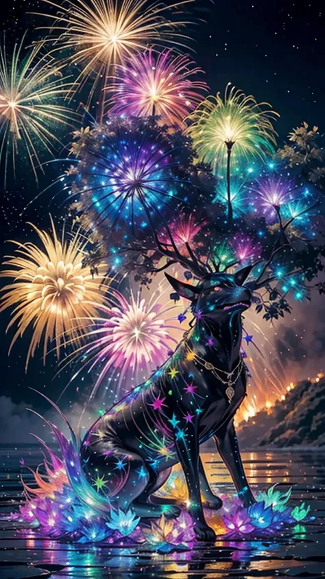 Fantastic scenery、firework、firework大会、Rainbow colorsのfireworkが打ちあがっている瞬間、With the night sky、壮大なfirework、future都市、Highest quality、masterpiece, (Diffuse reflection of light:1.2), When the fantastic rainbow turns into shadow, bathed in a mystical atmosphere.T...