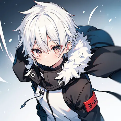 white hair , white eyes , mullet hair , black parka , gray parka ,short hair, medium hair , pierced earrings, (((one cute boy)))