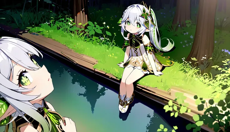 masterpiece,Highest quality,in the forest,alone,One girl,
Nahida,Look Up, Arm support, reflection,Green Eyes,Waterfront,