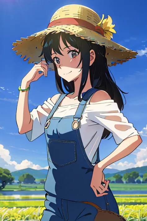 Shoulder-length hair　Black Hair　Farm work overalls　Straw hat　Sweat　Anime Style　smile　towel　Paddy field　sunny　rice　See-through clothing