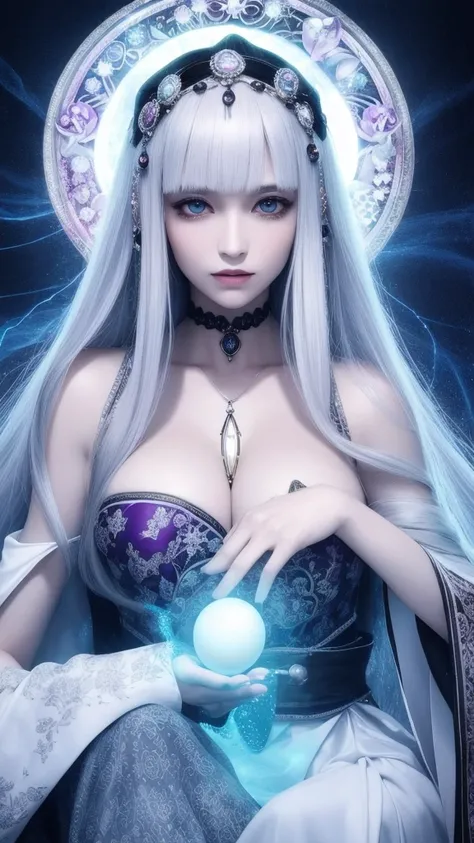 (masterpiece, top quality, 1 female, solo, exquisite details, chromatic aberration), (realistic), (skin), ((breathing)), (silver hair, blunt bangs, short straight long hair, short bangs, silver hair), beautiful hair, red headdress, blue highlights, hair ov...