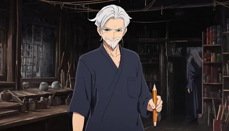 Young  white hair stylist boy ayush(anime style) One old man standing with one Magic pencil, background mysterious shop, now sence: old man take pencil ayush hand with scary smile ( anime style)