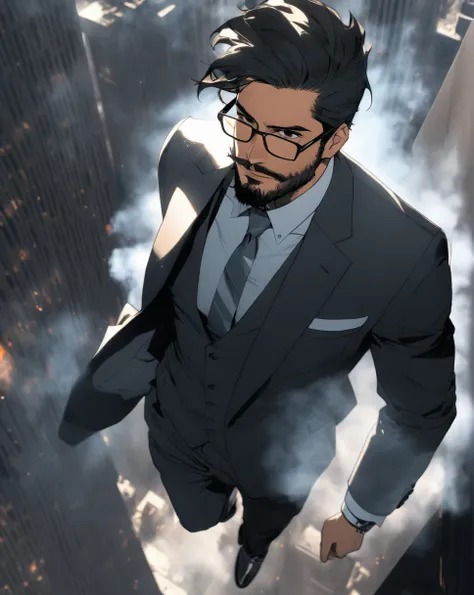 mid 30s, man, looking upwards ,1 man, scruffy beard, long black hair, long hair, Smokey background, Smokey city, in a suit, glasses, cool, action shot, Hispanic,HD, high resolution, high angle, high lighting