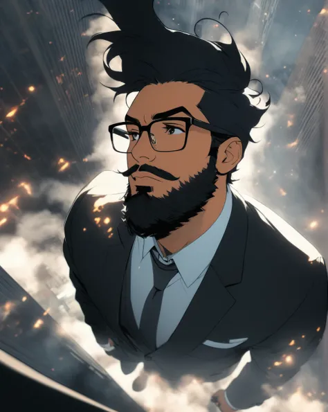 mid 30s, man, looking upwards ,1 man, scruffy beard, long black hair, long hair, Smokey background, Smokey city, in a suit, glasses, cool, action shot, Hispanic,HD, high resolution, high angle, high lighting