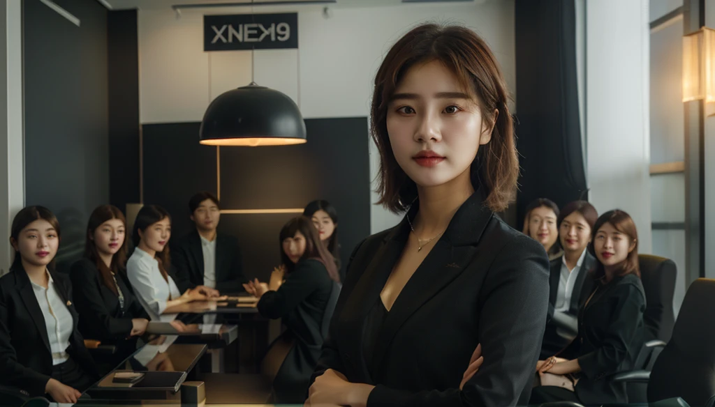 there is a woman standing in front of a table with people, trending on cgstation, executive industry banner, by jang seung-eop, ...