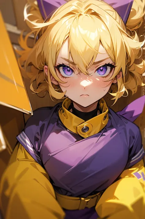 (masterpiece), best quality, expressive eyes, perfect face, blonde, masc tough. yellow outfit, purple accents, rough, shortcurly , anime, 22 years old, her,