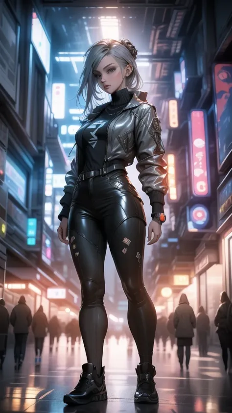 3D impressionist illustration, Masterpiece, High Contrast, A Russian girl in her early 20s with ash grey hair, Ultra-near-future weapons, Full body portrait, Uplifting, A futuristic city in the background, Gorgeous, A night view smattering with brilliant c...