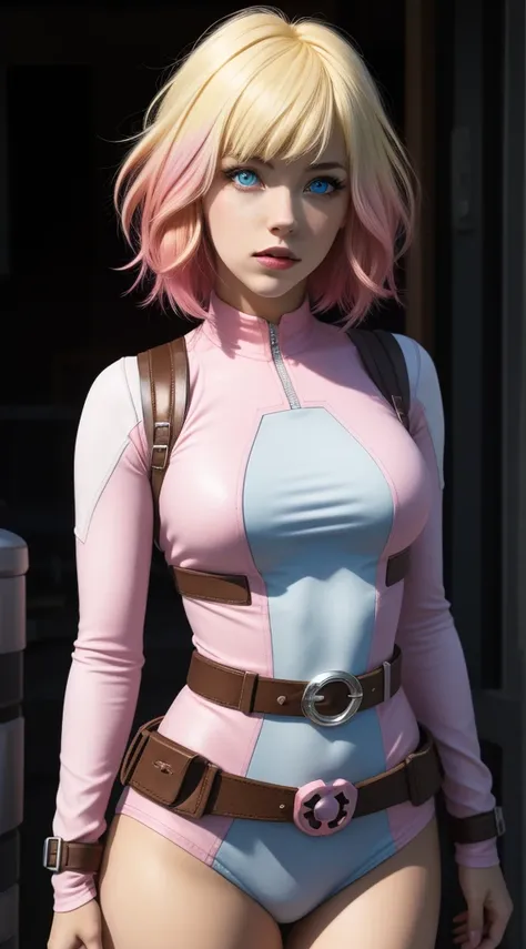 gwenpool, 1girl, blonde hair, multicolored hair, solo, blue eyes, short hair, gradient hair, belt, two-tone hair, pink hair, bre...