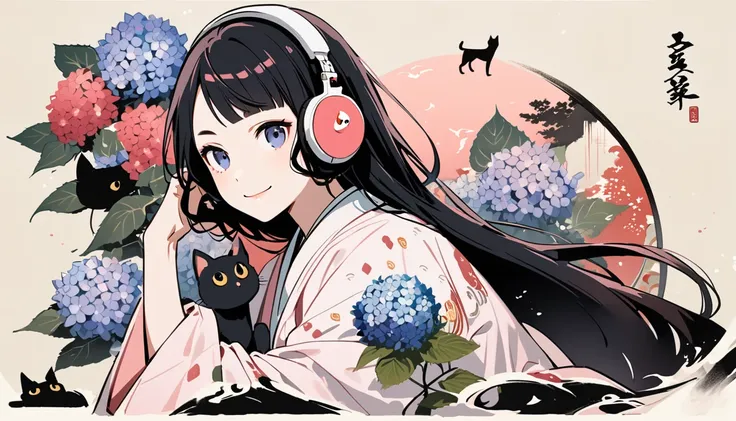 Highest quality, Katsushika Hokusai, Ink Painting, (((very straight longhair))), (((hydrangea))), (((Pale pink haori))), (((One black cat))), headphone, beautiful girl, Black Hair, Delicate and precise, Modern ukiyo-e style, smile