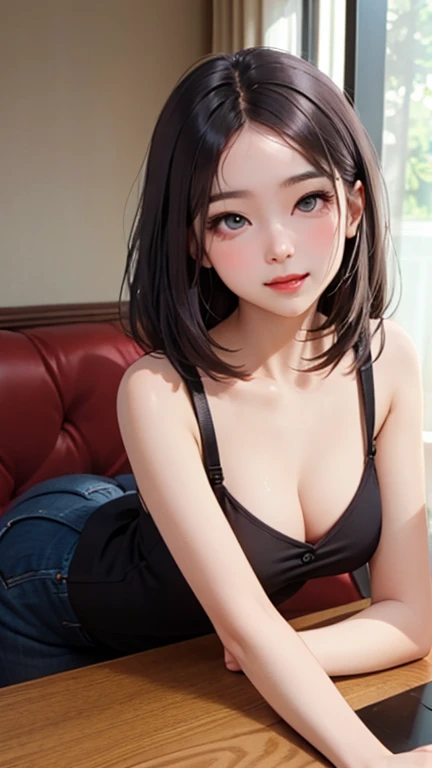 blush a little and smile, (Top quality masterpiece:1.2) Delicate illustrations, Very detailed, /Beautiful Japanese Women、1 person,Very cute and slim、Great style 、((8K images、super high quality))、Very delicate face, Skin and Hair、beautifule forehead、Red lip...