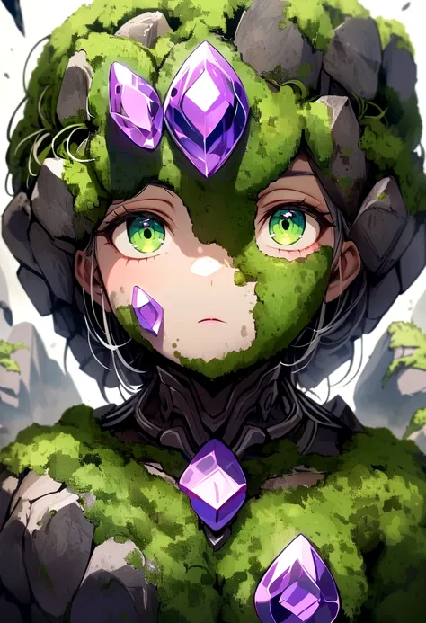 gentle stone golem, square face, green eyes, moss on body