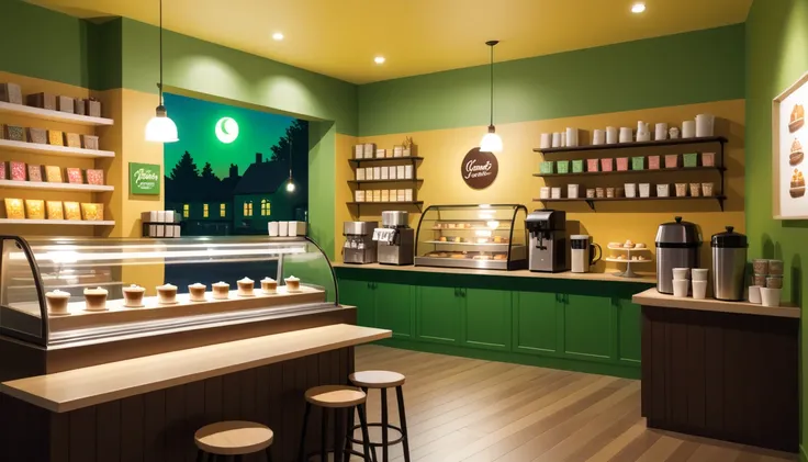 a cozy night time interior of a coffee shop, sweets in the shelves and coffee cups in the tables, there are also 2 windows in which you can see a green solid background outside