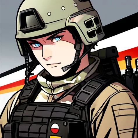 German man with short blonde curlyhair and light blue eyes wearing flecktarn camo heavy tactical gear and a helmet and a German flag on his chest and holding a HK416 