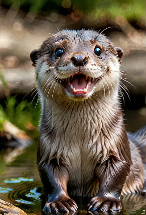 a painting of an otter with its mouth open, popular on art station, laughter and screaming face, the artist has used bright, by Peter Rockwell, digital photo, exaggerated expression, close to the camera, cheerful, whiskers, smiling at the viewer, by Suzy R...