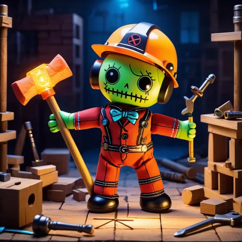 (knitted toy voodoo doll:1.5), (Voodoo Builder:1.3), (Clothing: construction attire with brick patterns:1.0), (Accessories: enchanted hammer, glowing hard hat, magical blueprint:1.2), (background: bustling construction site with floating tools, glowing bui...