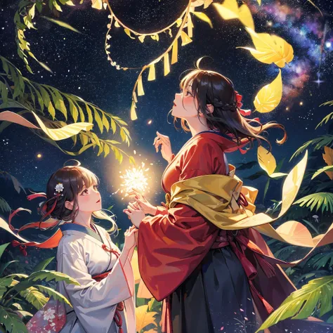 
Tanabata night, a forest of leaves, a man and a woman in Japanese clothes, holding hands and looking up at the sky, the Milky Way in the sky