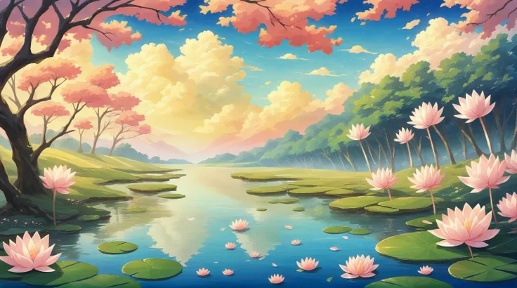 there is a painting of a sunset over a lake with flowers, background artwork, lotus pond, background art, radiating golden light, ethereal background, golden hour background, lotus, anime beautiful peace scene, magnificent background, light kingdom backdro...