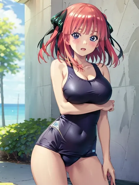 best quality, insanely detailed, nino nakano, breasts, one-piece swimsuit, breast hold