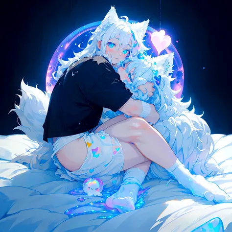 a cute adult male with wolf ears long white hair and a fluffy wolf tail, wearing bootyshorts and a tight t-shirt with a heart logo on it, has glowing blue eyes, is surrounded by dripping liquid galaxy rainbows, has very squishy thighs, wearing white thigh ...