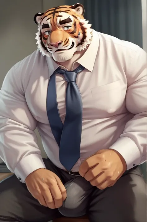 Author: bontiage, (1 boy), One, tiger, big bulge crotch, boner, pants, (sweat:1.7), long sleeve plain shirt, necktie, Mens Second, kemono, hot body, muscle, Beautiful, sexual, Attractive guy, (Detailed black eyes), brows, (masterpiece, A high resolution, B...