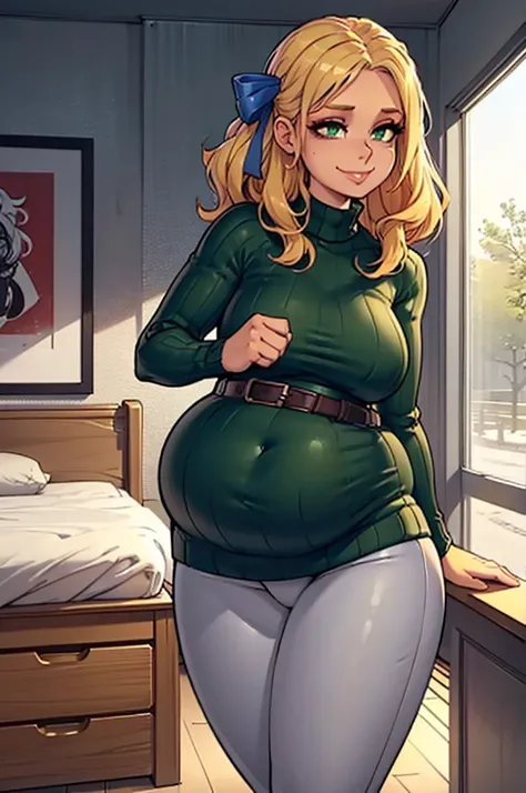 art by kipteitei, ((Masterpiece, best quality, perfect lighting, amazing shading)), perfect anatomy, field of depth, extremely beautiful, long blonde hair, hair ribbons, green eyes, ribbed sweaterdress, belt, leggings, cute smile, (plump), (cowboy shot), (...