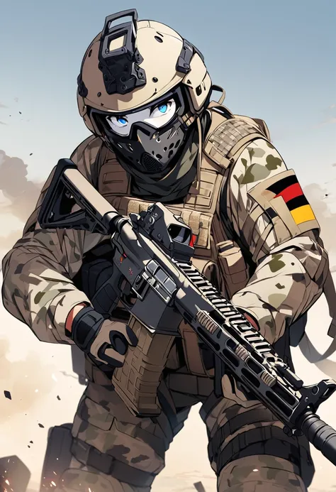 German man with short blonde curlyhair and light blue eyes wearing flecktarn camo heavy tactical gear and a helmet and a German flag on his chest and holding a HK416 