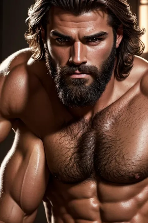 a muscular hairy man in only underwear, beautiful detailed eyes, beautiful detailed lips, extremely detailed face and body, hyper realistic, photorealistic, 8k, high resolution, masterpiece, cinematic lighting, dramatic shadows, warm color tones, dramatic ...