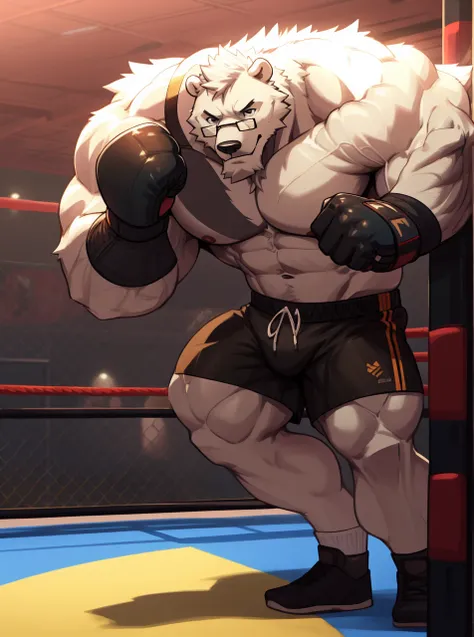 solo, 1boy, Huge Muscular White Polar Bear wearing glasses, huge white fur, pectoral, huge pectoral, wide pectoral, short white hair, blue colored boxing kickboxing shorts, blue colored kickboxing gloves and shirtless and topless, white bearded, white Must...