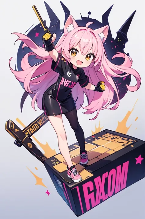 Highest quality,chibi,Pink semi-long,Hair,Black leather clothing,semi-long,Full body front view,Character portrait,Golden eyes,Boxing gloves,Background white,big mouth,smile