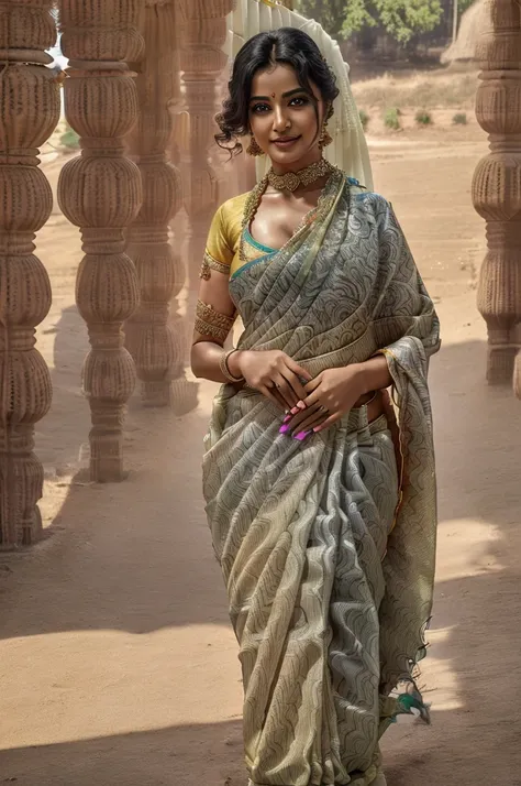 (high quality:1.6, masterpiece:1.6, HDR, 128K), (hyper-realistic, photorealism), 6 ft tall beautiful indian girl with big, wearing Saree, background road,  (hourglass figure:1.5), (cleavage:1.3), 36dd, 
 (Looking into the camera:1.5), 
(RAW Photos, Highest...